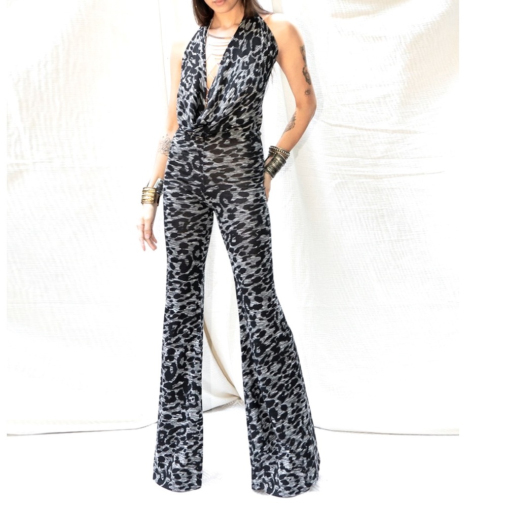 NWT GREY N BLACK LEOPARD Flare JUMPSUIT S - Picture 4 of 5
